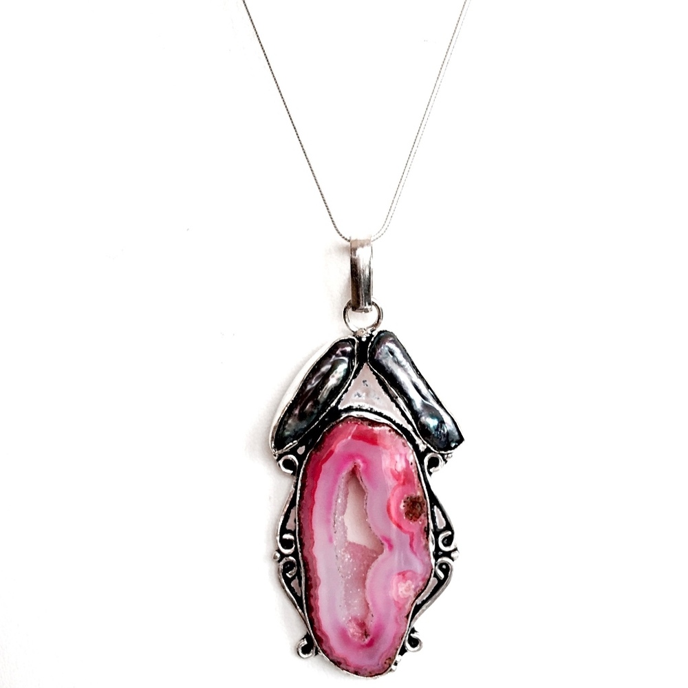 Pink Solar Quartz & Biwa Pearl Sterling Silver Necklace